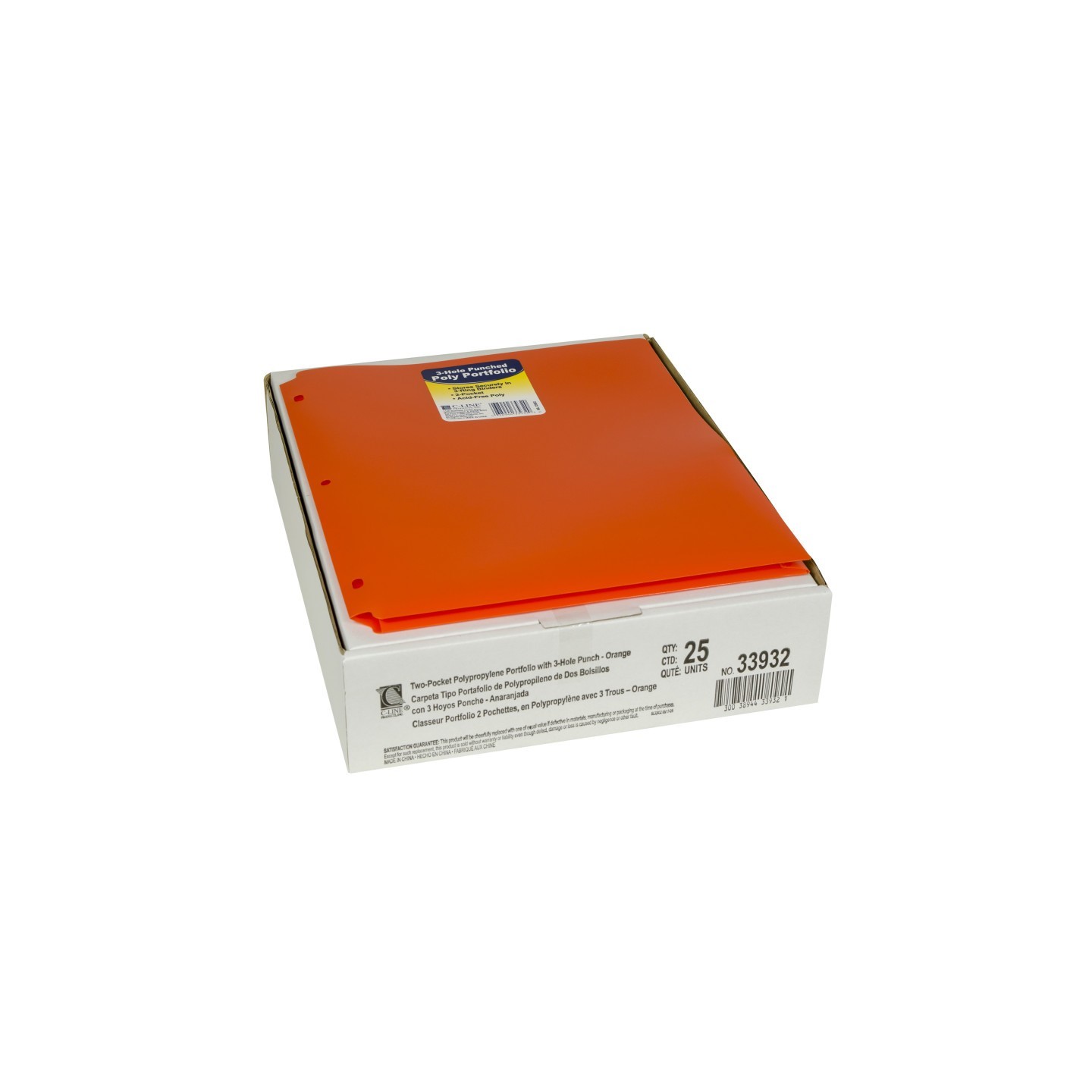 C-Line® Two-Pocket Heavyweight Poly Portfolio Folder with Three-Hole Punch, Orange, Pack of 25