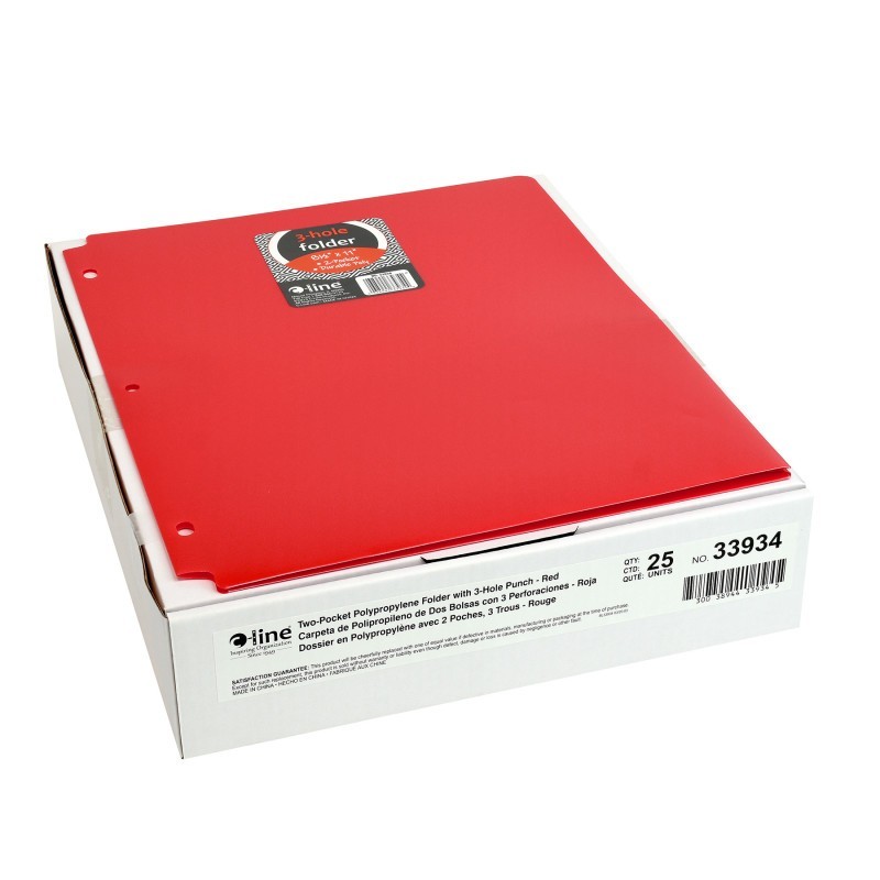 C-Line® Two-Pocket Heavyweight Poly Portfolio Folder with Three-Hole Punch, Red, Pack of 25