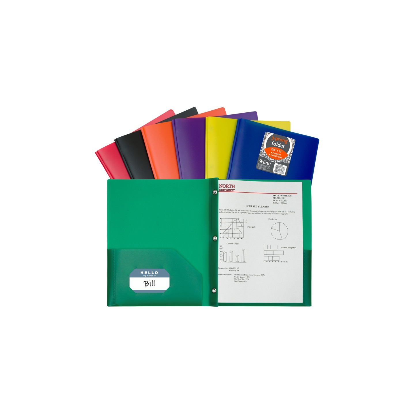 C-Line® Two-Pocket Heavyweight Poly Portfolio Folder with Prongs, Assorted Primary Colors, Pack of 36