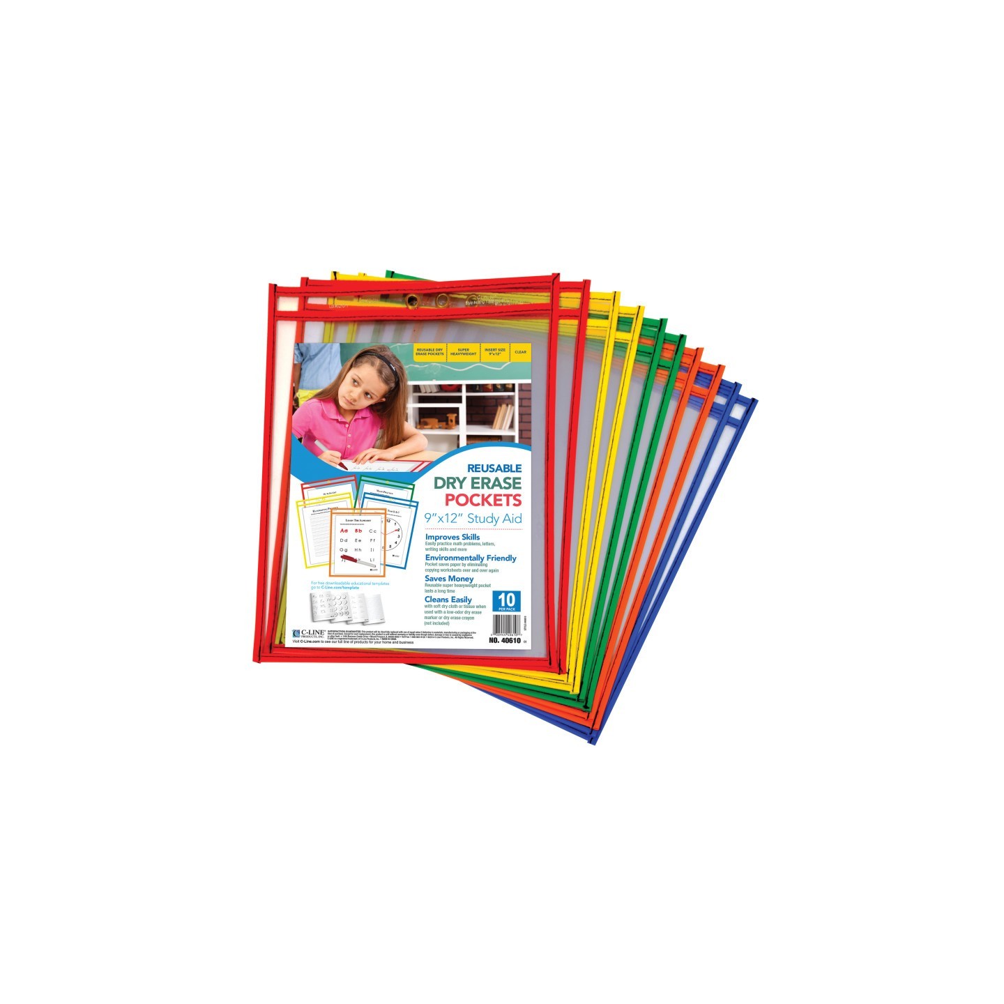C-Line® Reusable Dry Erase Pockets, Primary Colors, 9 x 12, Pack of 10