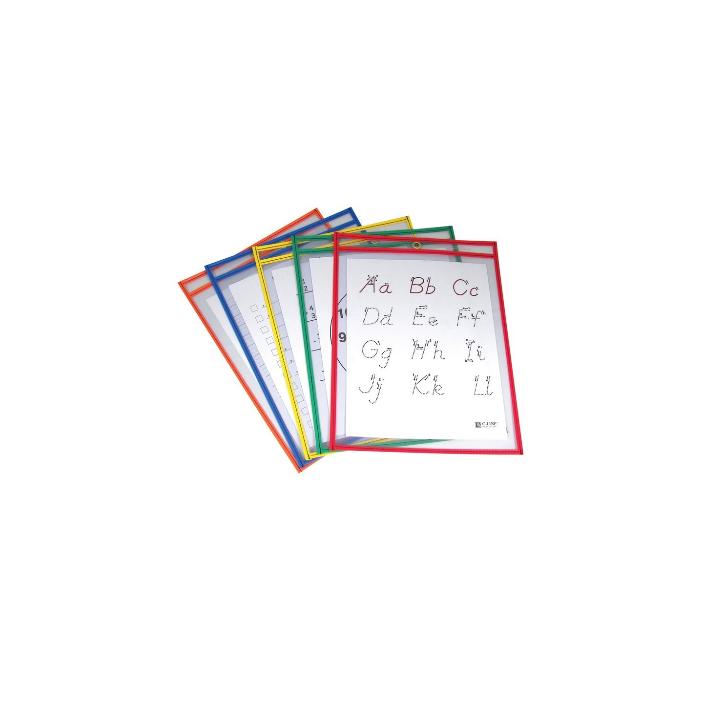 C-Line® Reusable Dry Erase Pockets, Primary Colors, 9" x 12", Pack of 5