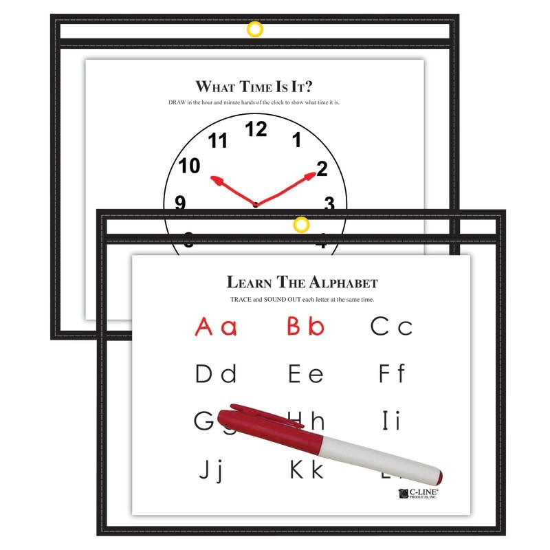 C-Line® Reusable Dry Erase Pockets, 9" x 12", Black