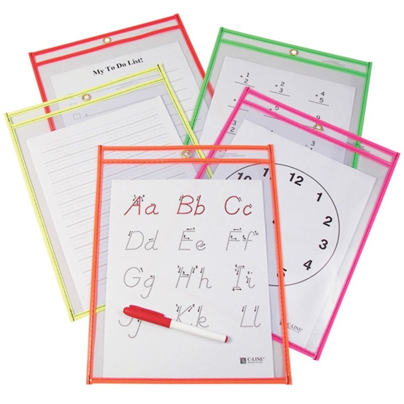 C-Line® Reusable Dry Erase Pockets, Neon Colors, 9 x 12, Pack of 10
