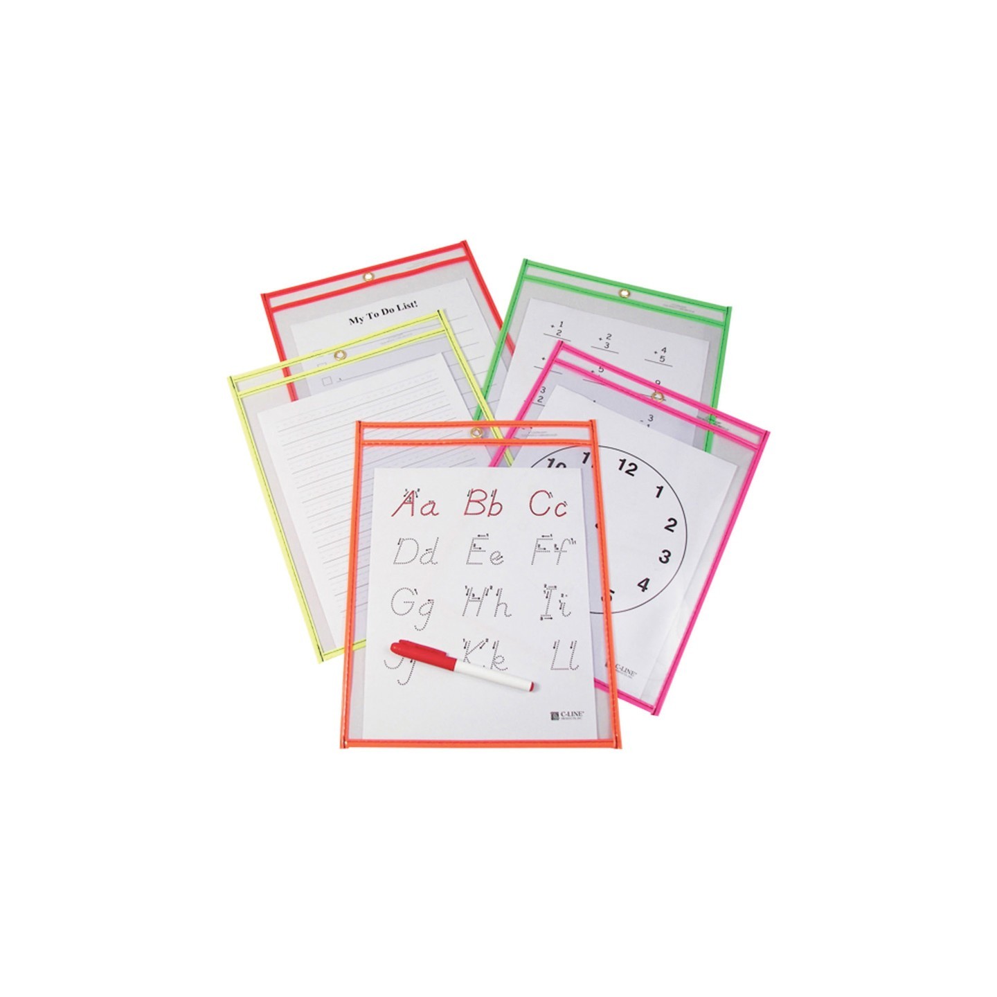 C-Line® Reusable Dry Erase Pockets, Neon Colors, 9 x 12, Pack of 10