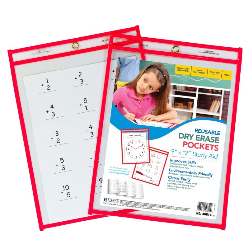 C-Line® Reusable Dry Erase Pocket, Red Neon, 9" x 12", 1 Pocket