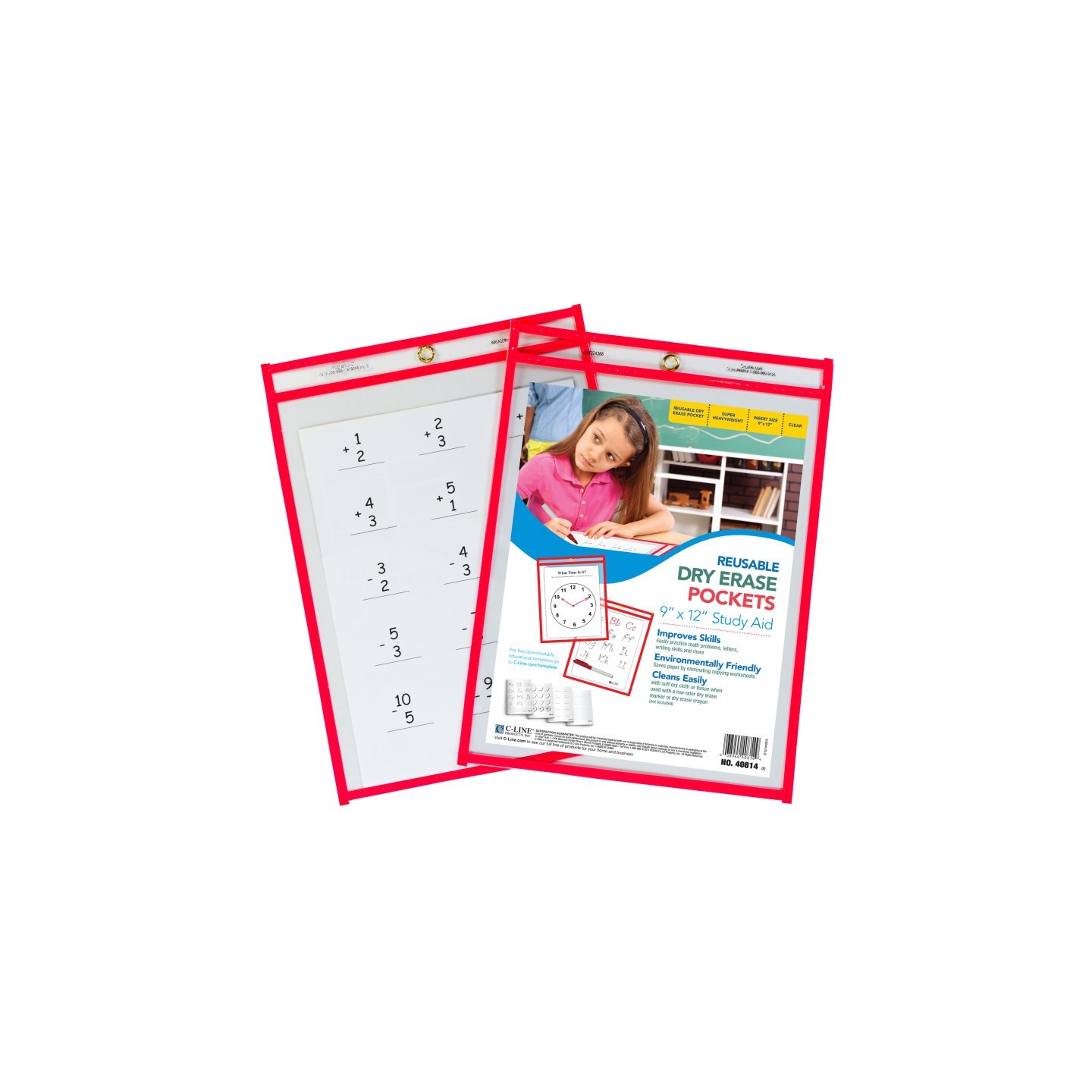C-Line® Reusable Dry Erase Pocket, Red Neon, 9" x 12", 1 Pocket