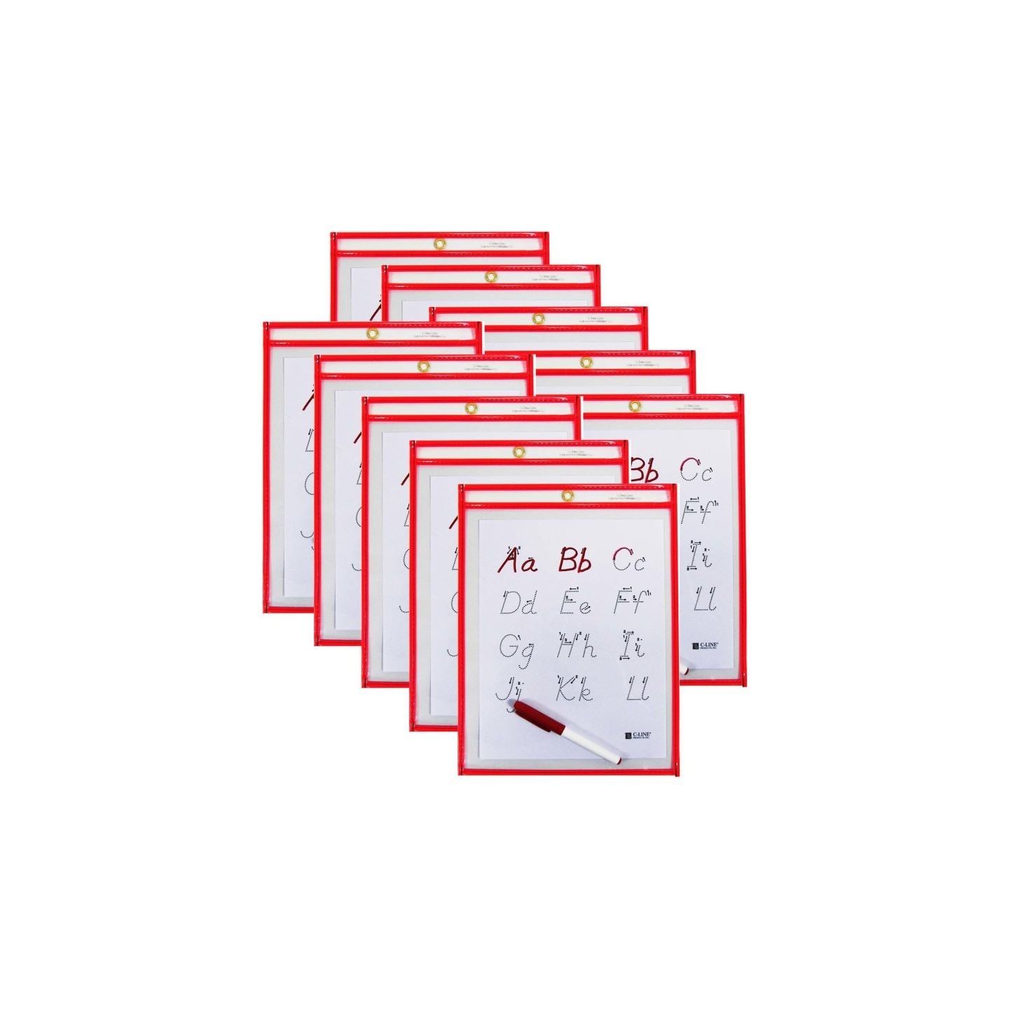C-Line® Reusable Dry Erase Pocket - Study Aid, Neon Red, 9" x 12", Pack of 10