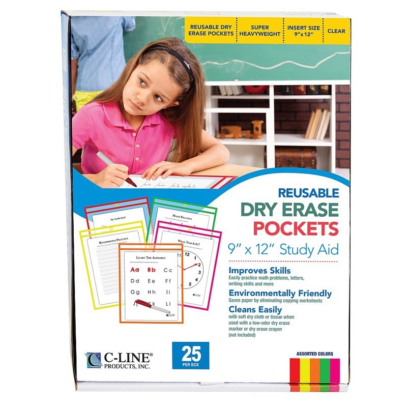 C-Line® Reusable Dry Erase Pockets, Neon Colors, 9 x 12, Pack of 25