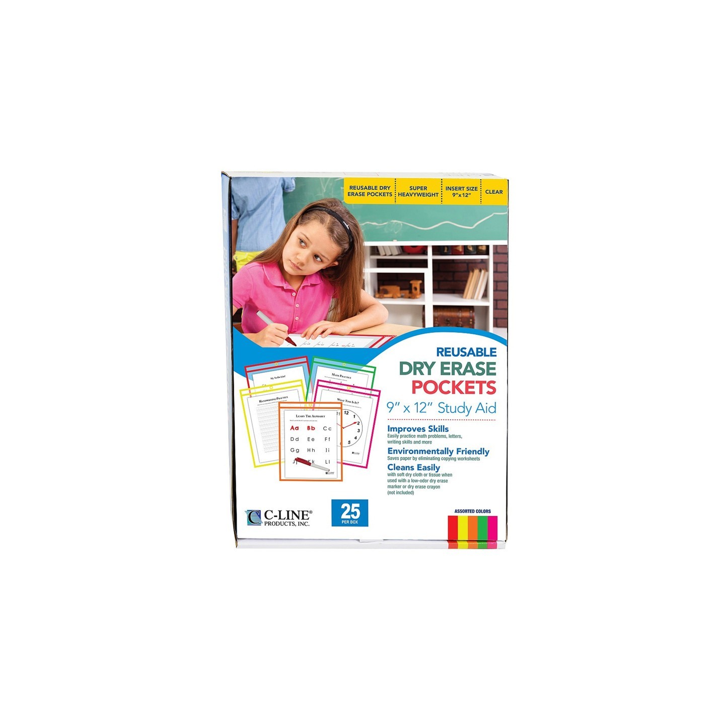 C-Line® Reusable Dry Erase Pockets, Neon Colors, 9 x 12, Pack of 25