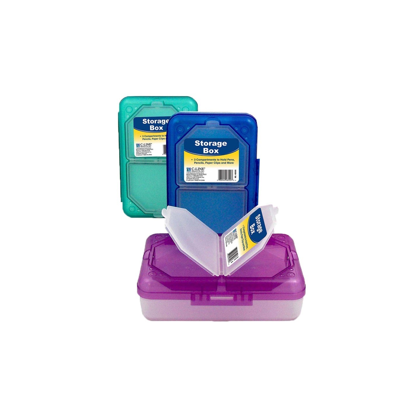 C-Line® Storage Box, 3 Compartments, Assorted Colors, Pack of 3