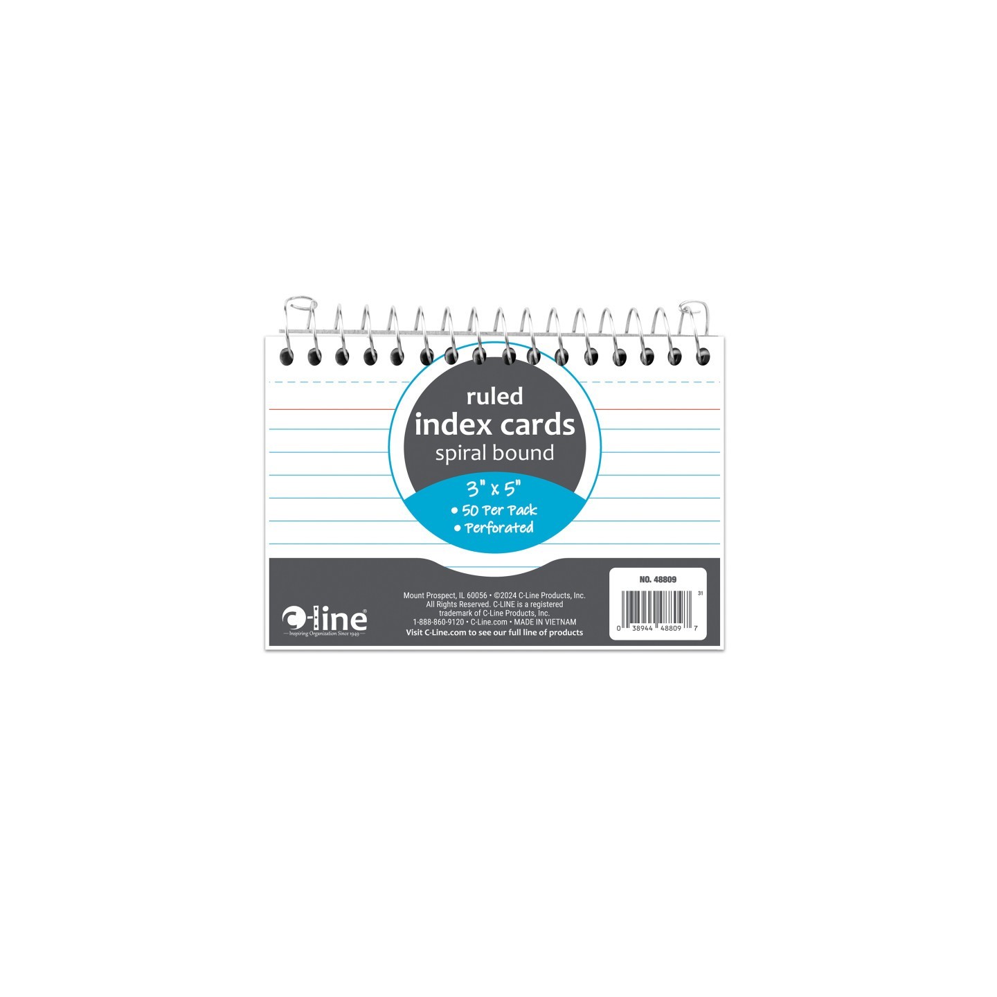 C-Line® Spiral Bound Index Card Notebook, 3" x 5", 50 Cards, Ruled