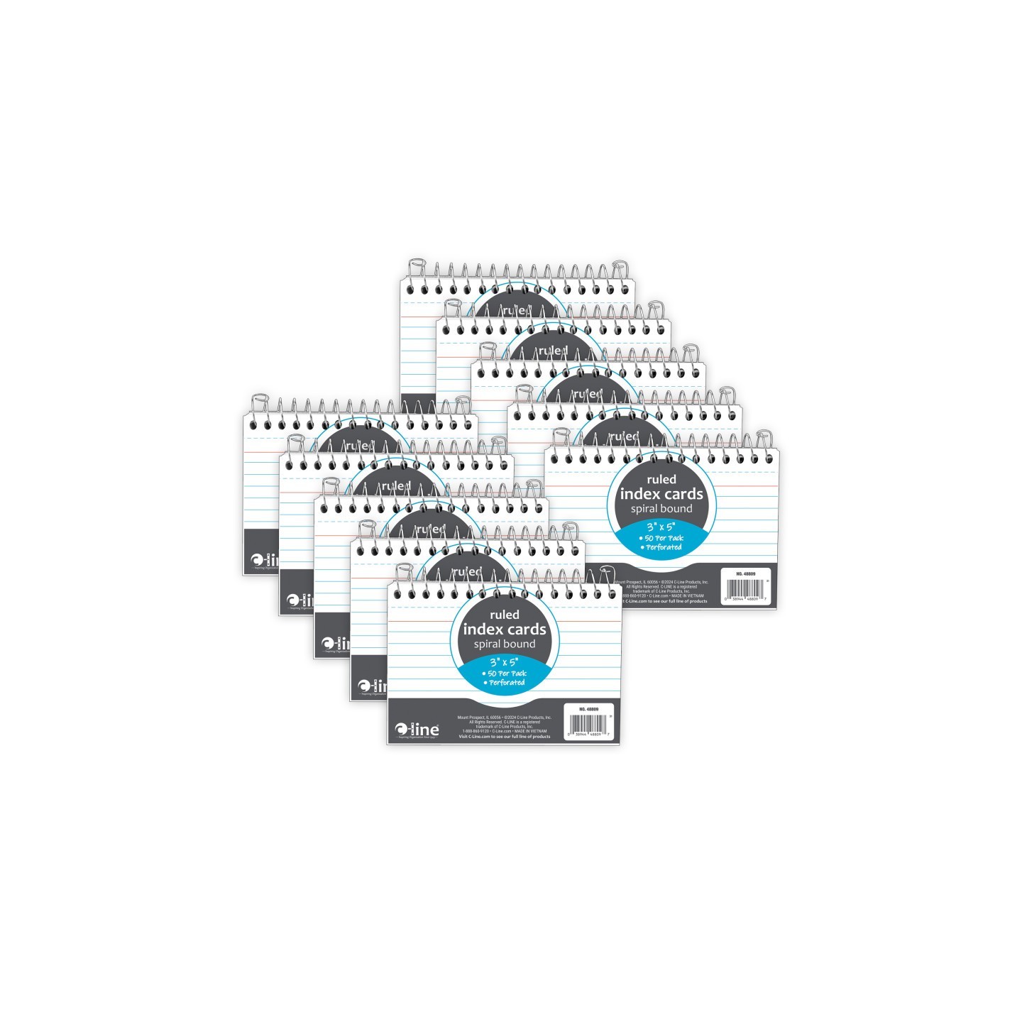 C-Line® Spiral Bound Index Card Notebook, 3" x 5", 50 Cards, Ruled, Pack of 10