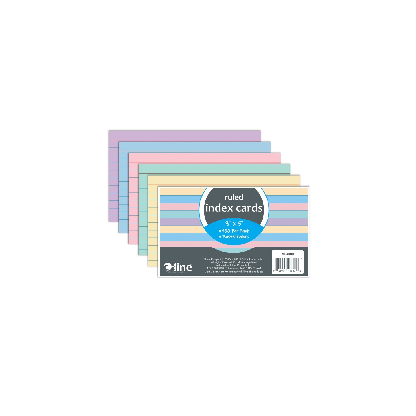C-Line® Index Cards, 3" x 5", Assorted Colors, Ruled, Pack of 100
