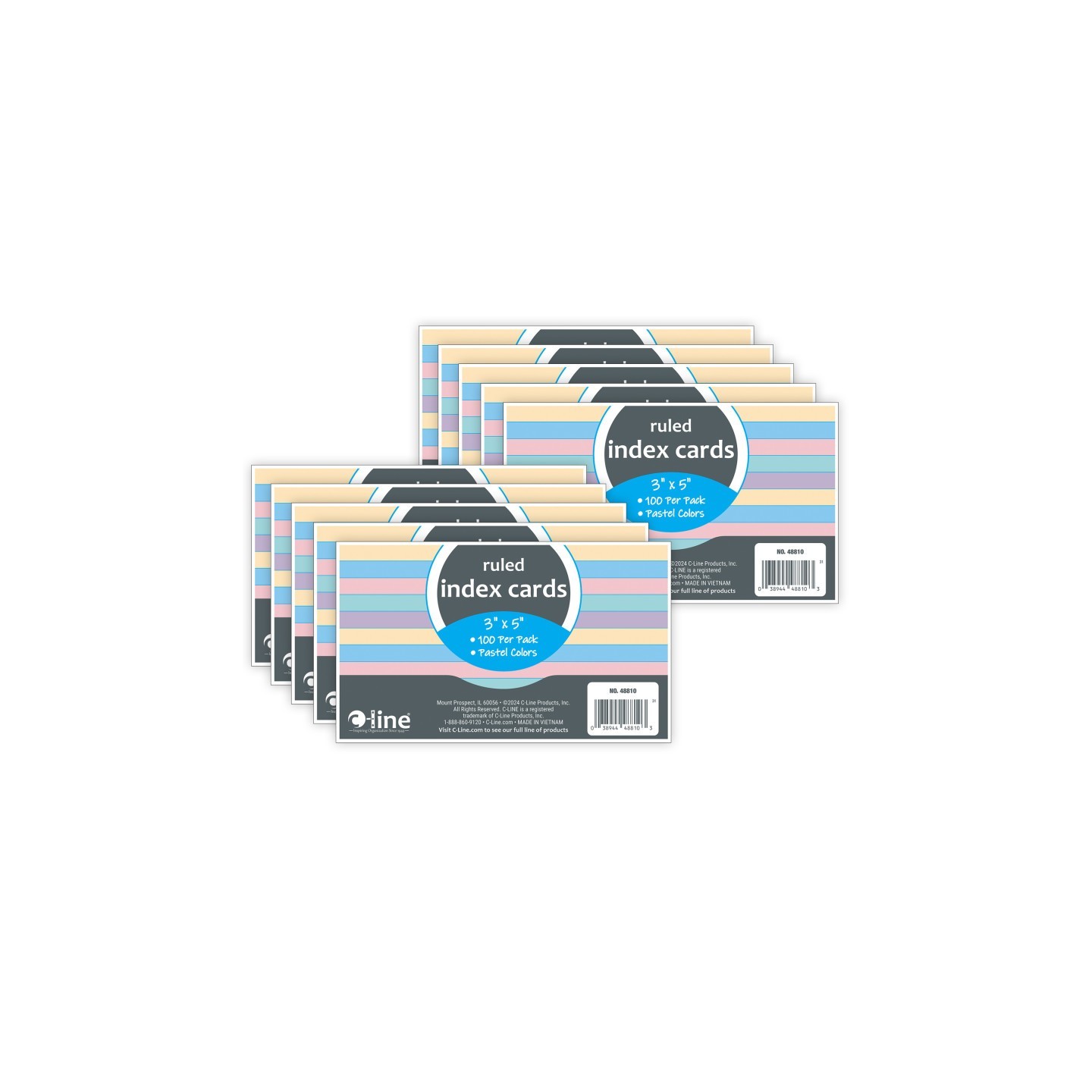 C-Line® Index Cards, 3" x 5", Assorted Colors, Ruled, 100 Per Pack, 10 Packs