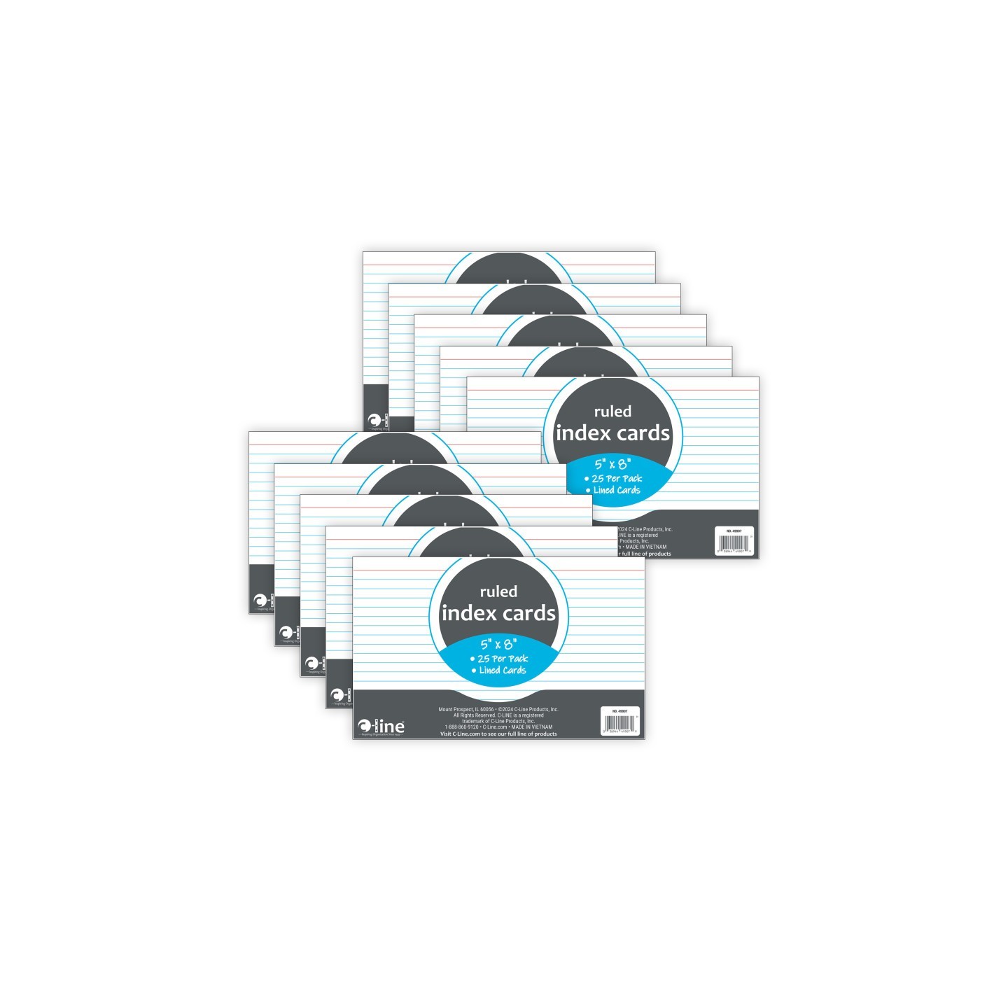 C-Line® Index Cards, 5" x 8", White, Ruled, 25 Per Pack, 10 Packs
