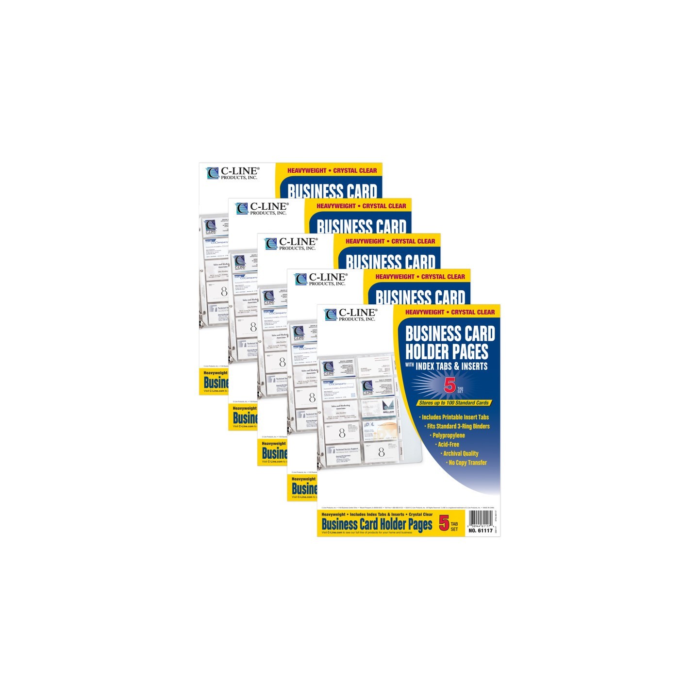 C-Line® Business Card Holder, Poly with Tabs, Holds 20 Cards/Page, 11" x 8-1/2", 5 Per Pack, 5 Packs