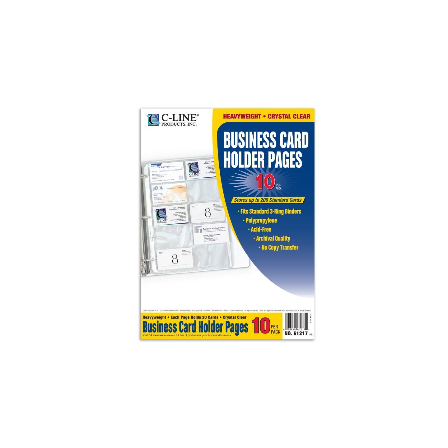 C-Line® Business Card Holder, Poly without Tabs, Holds 20 Cards/Page, 11-1/4 x 8-1/8, Pack of 10