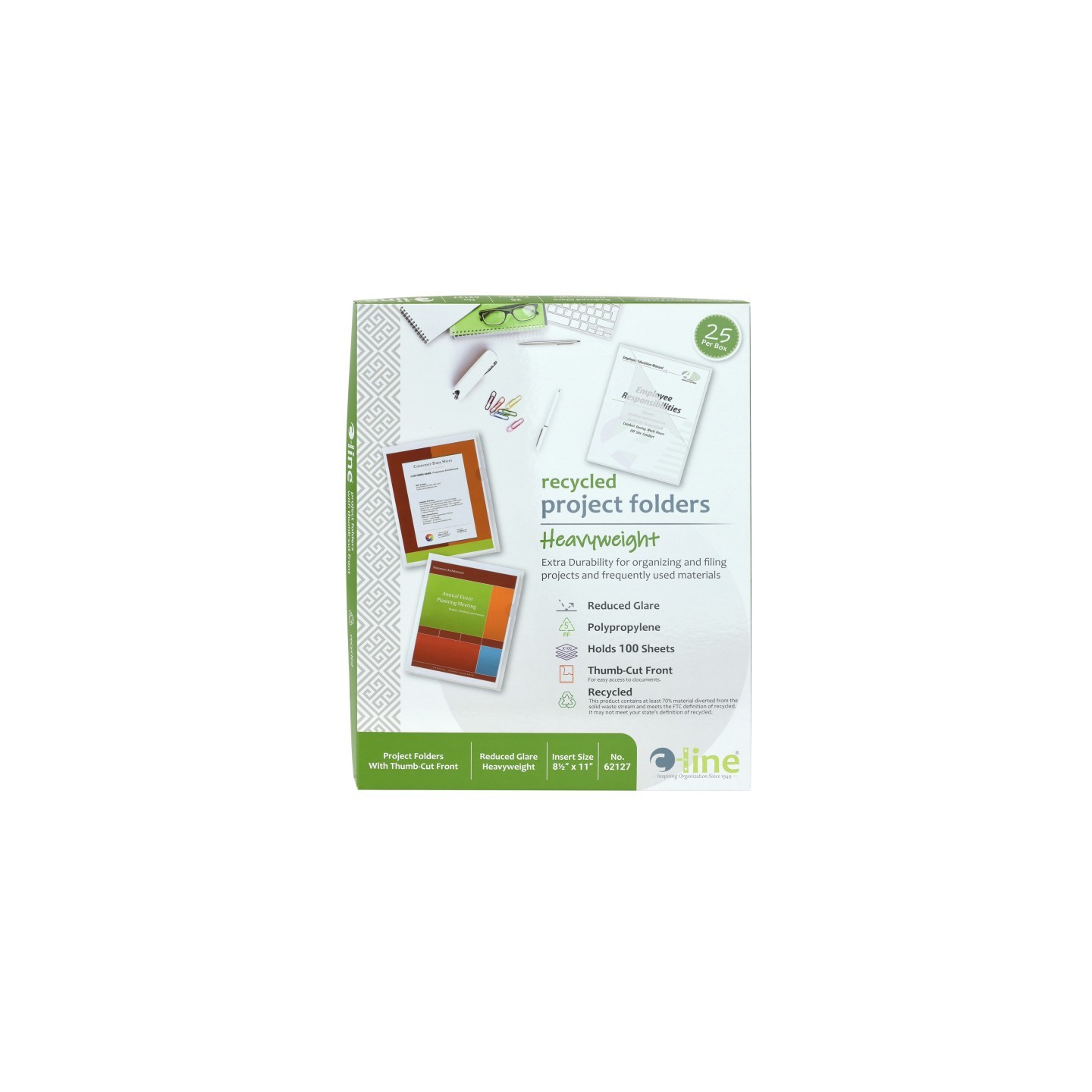C-Line® Recycled Poly Project Folders, Clear, Reduced Glare, 11" x 8-1/2", Box of 25