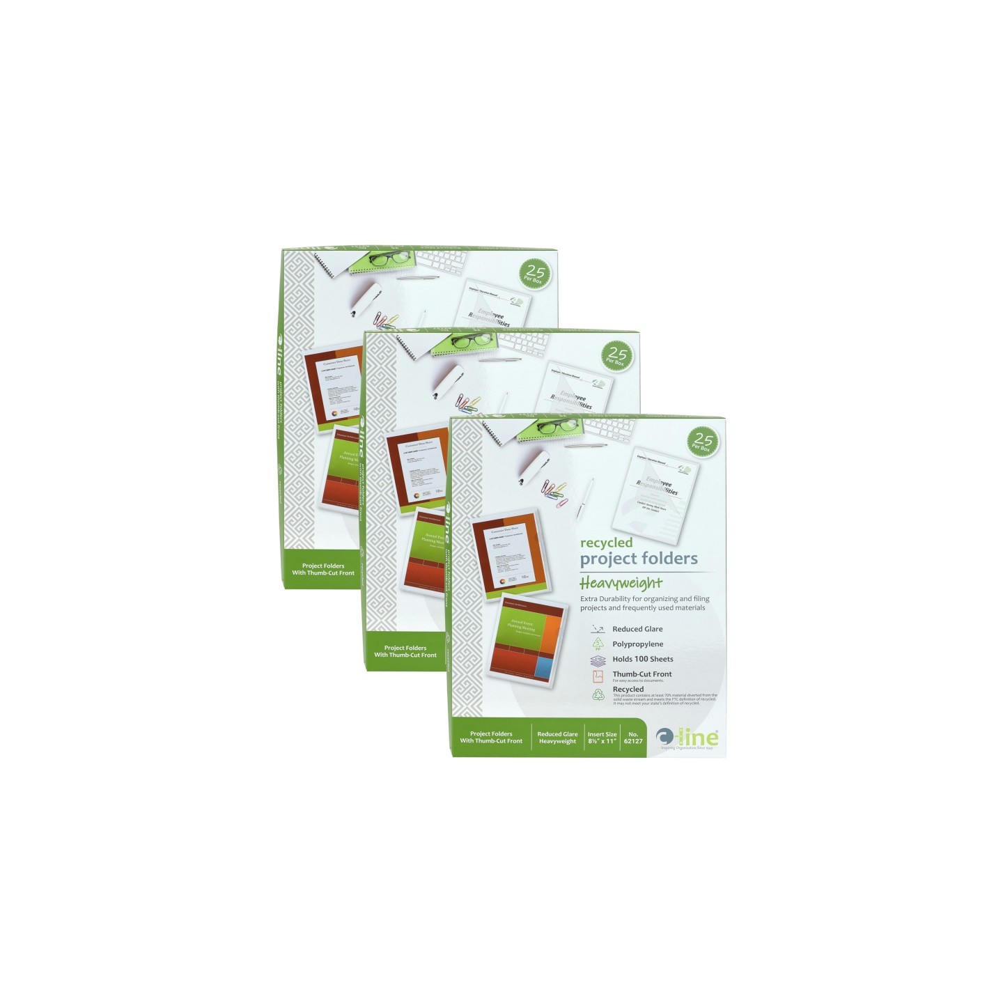 C-Line® Recycled Poly Project Folders, Clear, Reduced Glare, 11" x 8-1/2", 25 Per Box, 3 Boxes