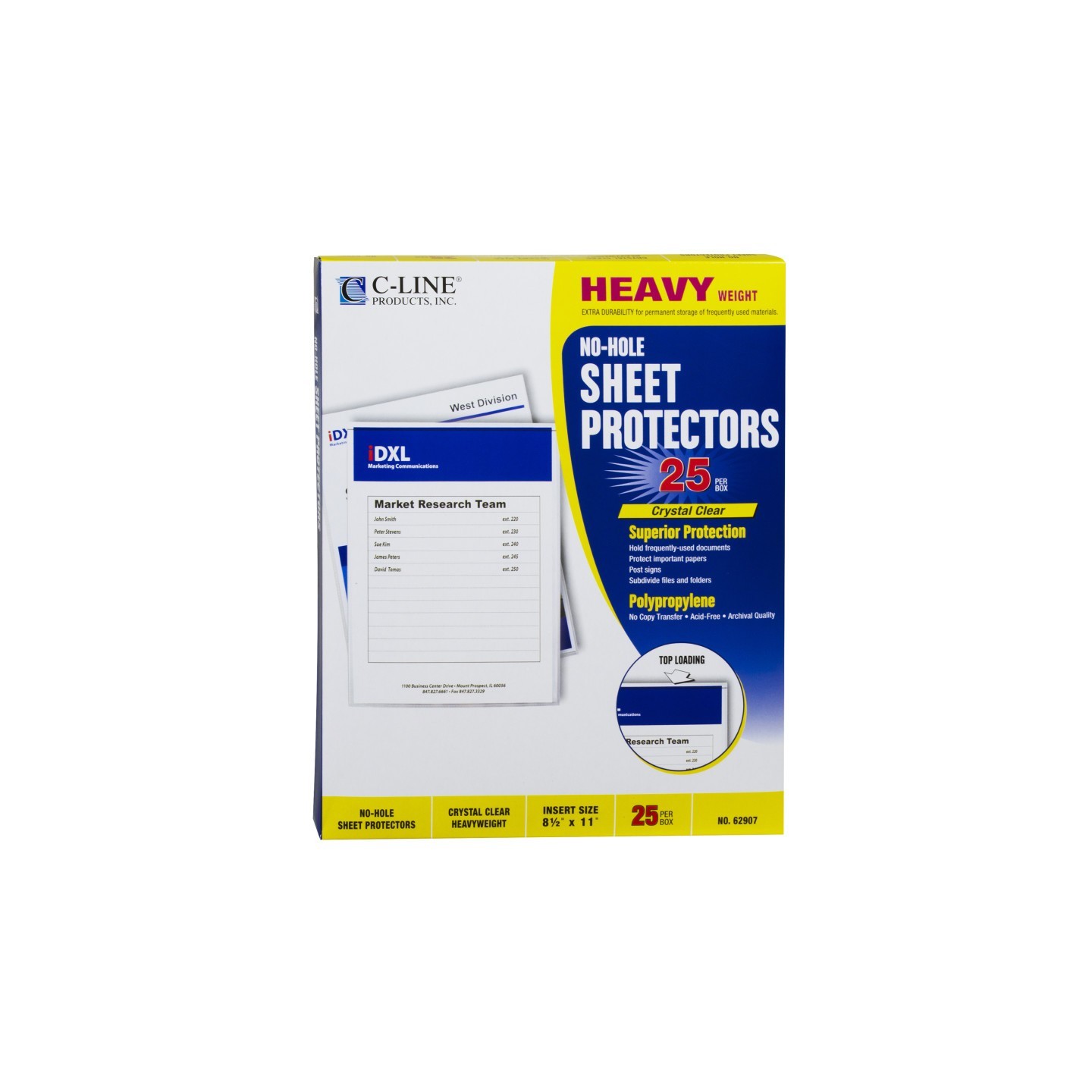 C-Line® No-Hole Heavyweight Poly Sheet Protectors, Clear, Top Loading, 11" x 8-1/2", Box of 25