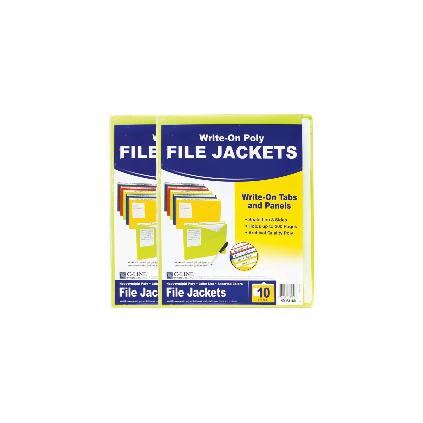 C-Line® Write-On Poly File Jackets, Assorted Colors, 11" x 8-1/2", 10 Per Pack, 2 Packs