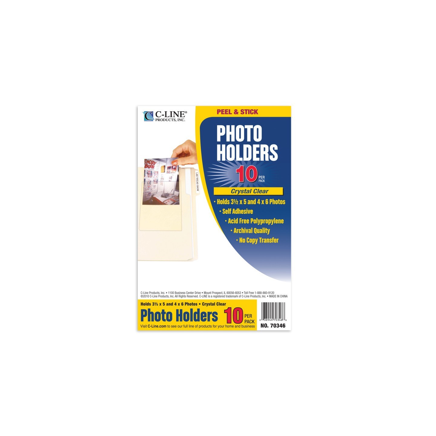 C-Line® Peel & Stick Photo Holders, Clear, 4" x 6", Pack of 10