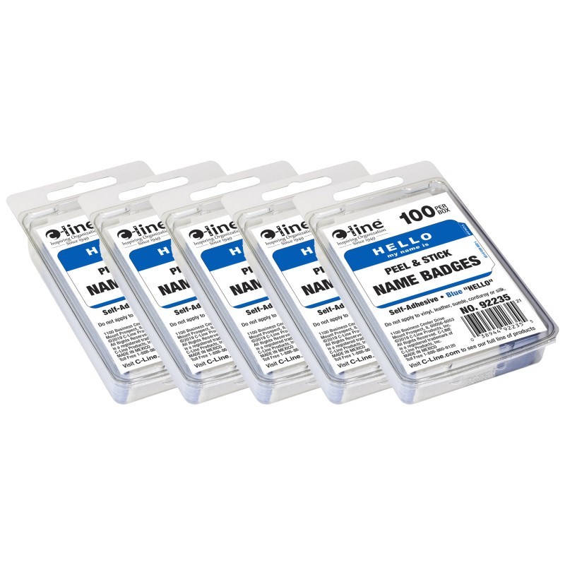 C-Line® Pressure Sensitive Badges, Hello my name is, Blue, 3-1/2" x 2-1/4", 100 Per Pack, 5 Packs