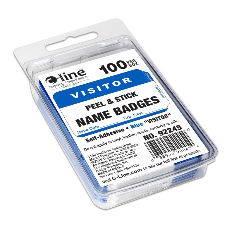 C-Line® Pressure Sensitive Badges, Visitor, Blue, 3-1/2" x 2-1/4", Box of 100