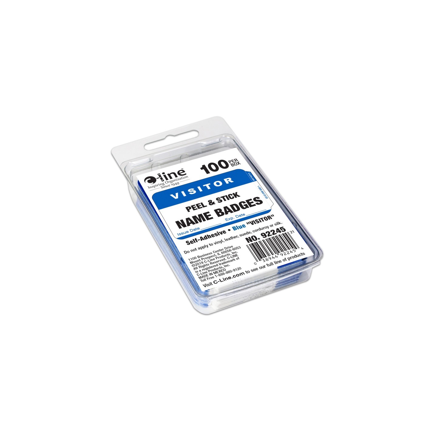 C-Line® Pressure Sensitive Badges, Visitor, Blue, 3-1/2" x 2-1/4", Box of 100