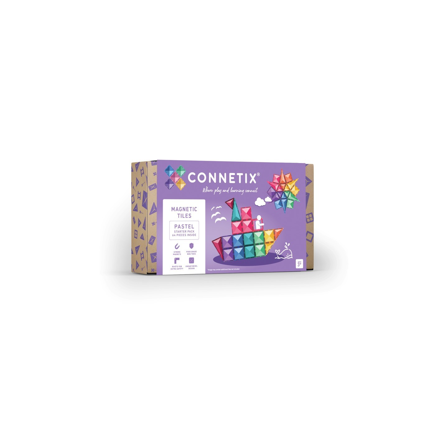 Connetix Magnetic Tiles Pastel Starter Pack, 64 Pieces