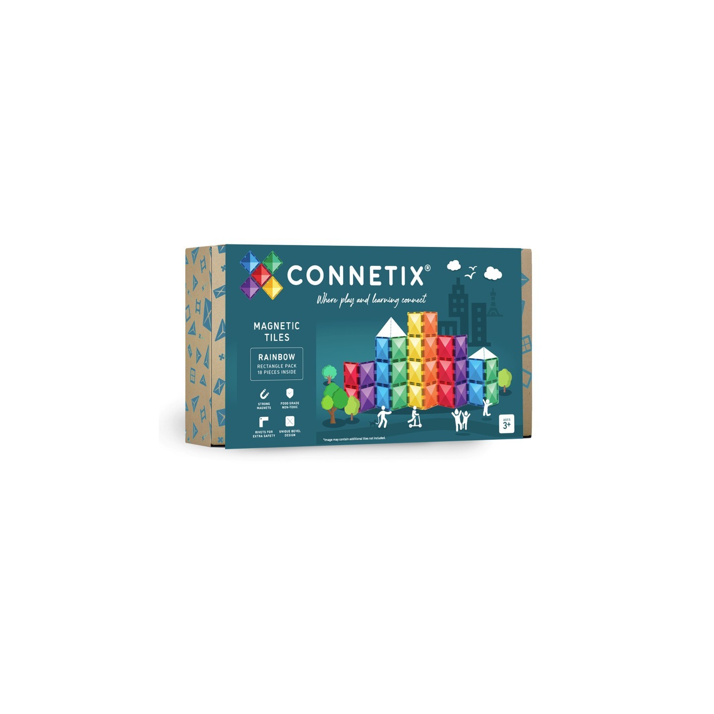 Connetix Magnetic Tiles Rainbow Rectangle Pack, 18 Pieces