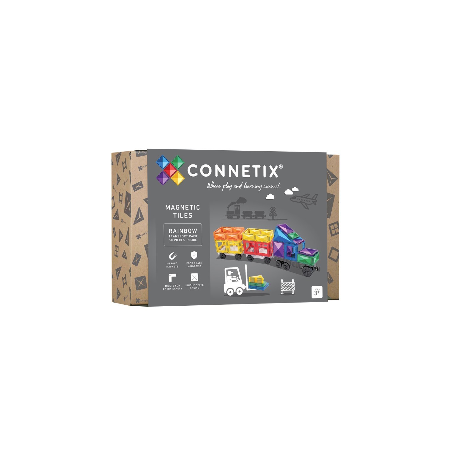 Connetix Magnetic Tiles Rainbow Transport Pack, 50 Pieces