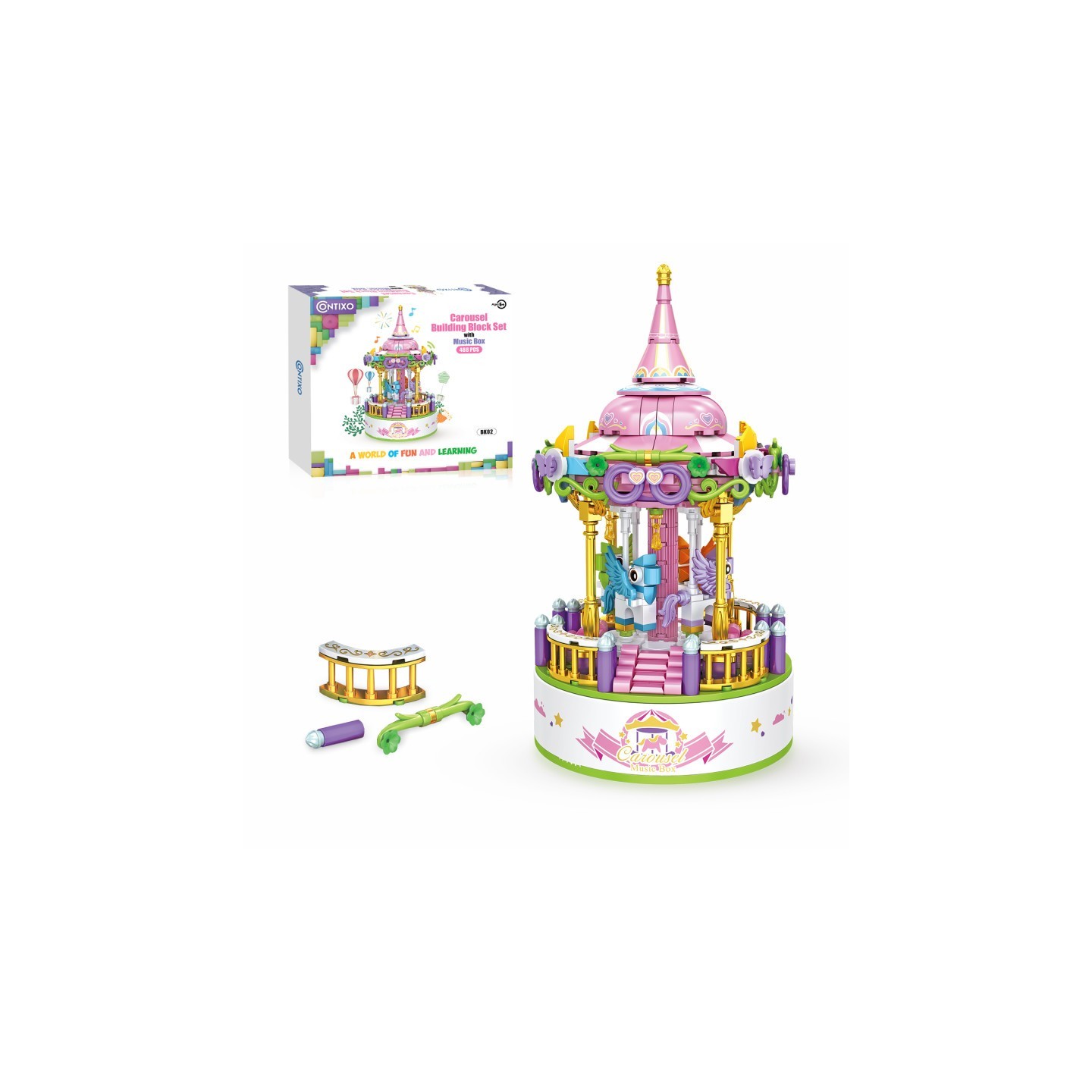 Contixo BK02 Carousel Building Block Set with Music Box, 488 Pieces