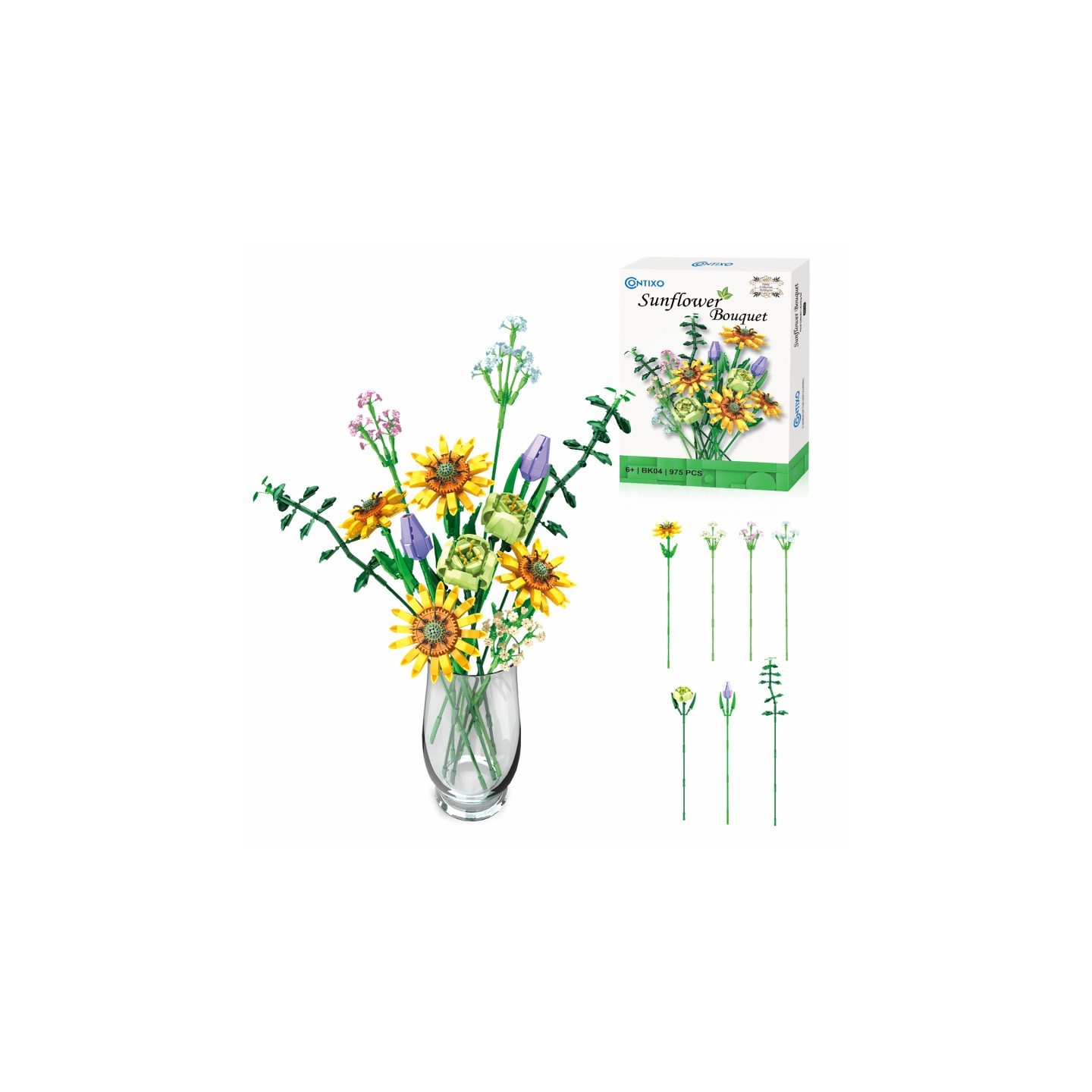 Contixo BK04 Sunflower Bouquet Flordal Collection Building Block Set, 975 Pieces