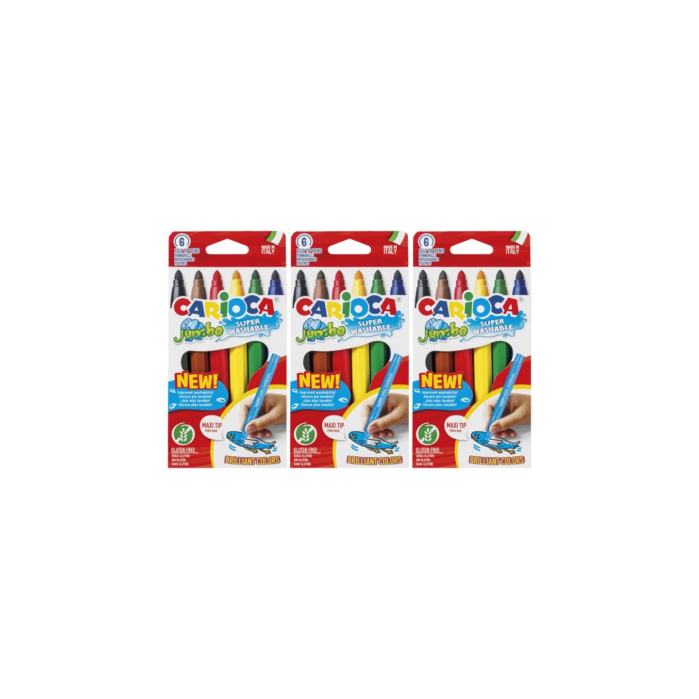 CARIOCA Jumbo Maxi Tip Washable Felt Tip Pens, 6 Per Pack, 3 Packs