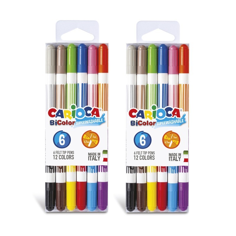 CARIOCA BiColor Washable Felt Tip Pens, 6 Per Pack, 2 Packs