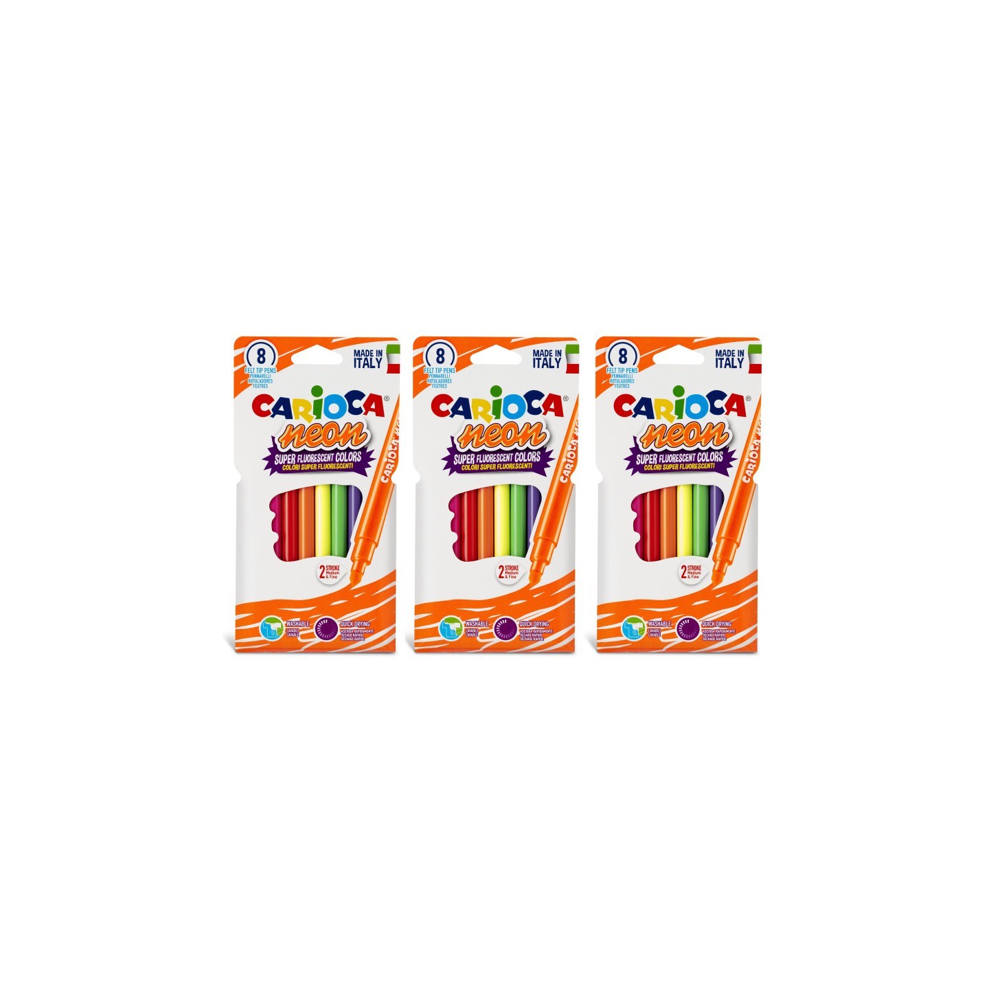 CARIOCA Neon Washable Felt Tip Pens, 8 Per Pack, 3 Packs