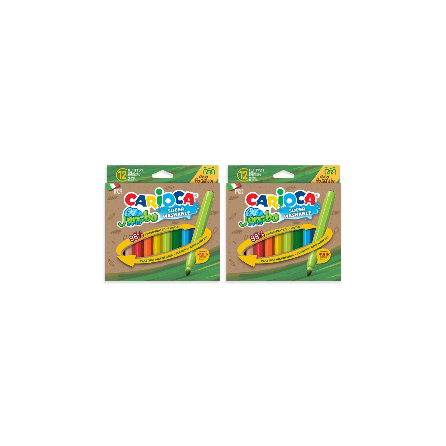 CARIOCA Eco Family Jumbo Maxi Tip Washable Felt Tip Pens, 12 Per Pack, 2 Packs