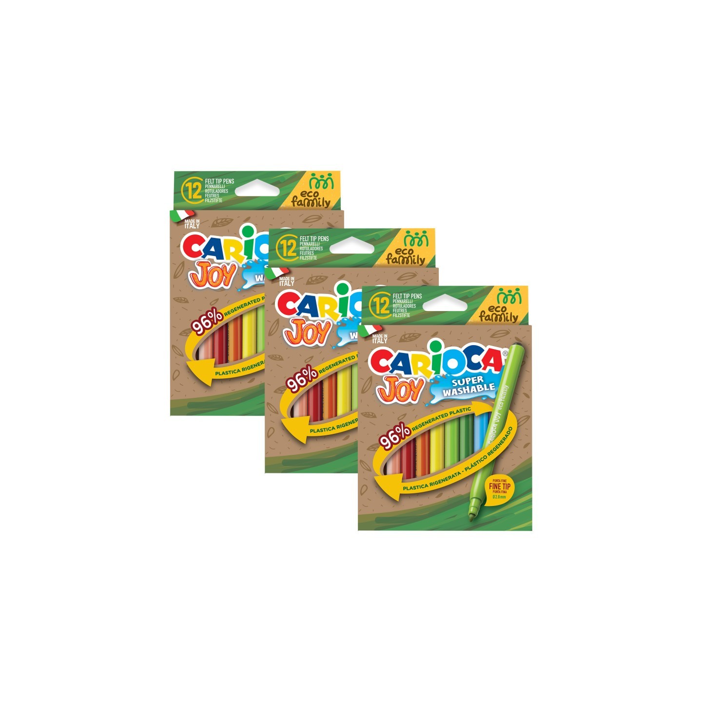 CARIOCA Eco Family Joy Fine Tip Washable Felt Tip Pens, 12 Per Pack, 3 Packs