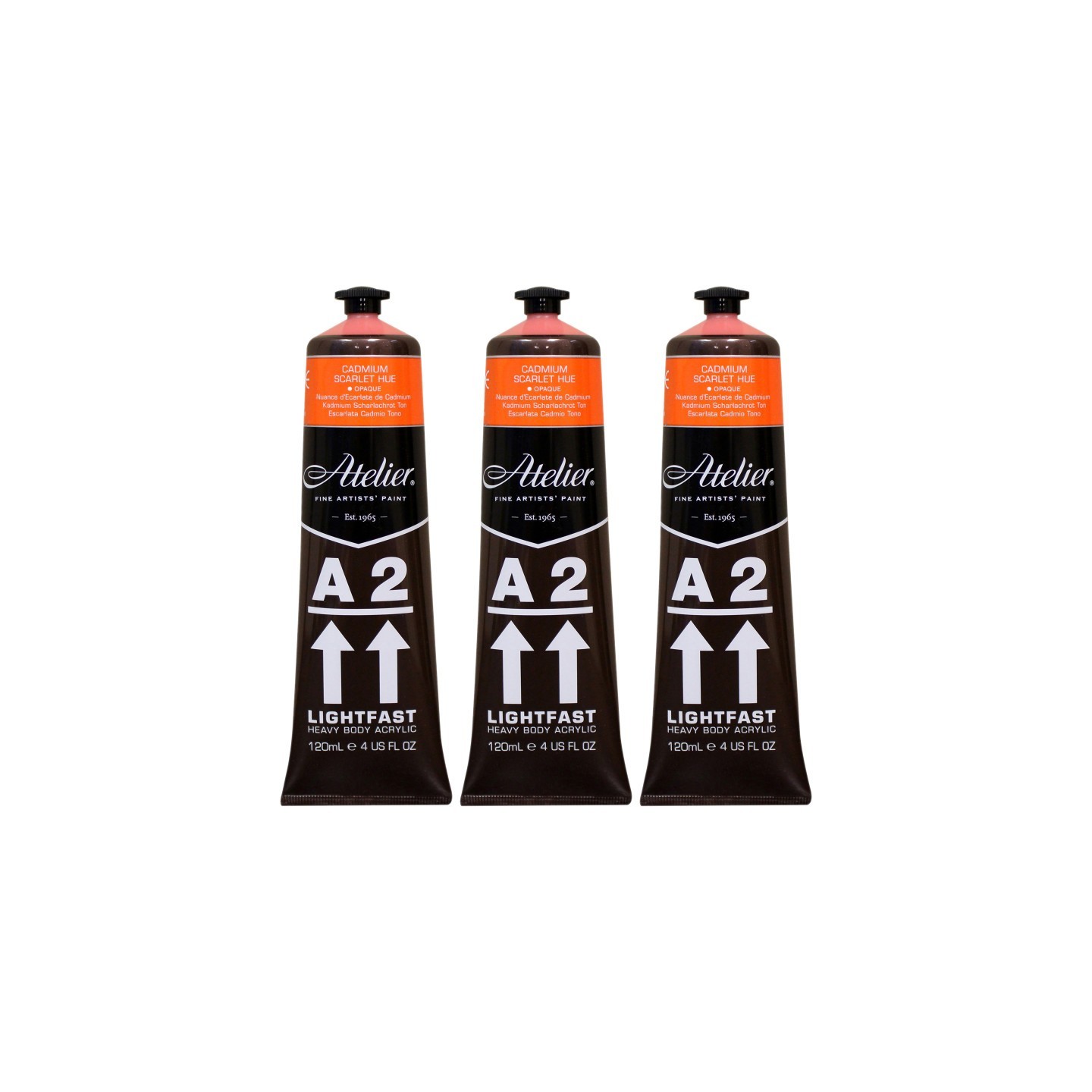 Atelier A2 Heavy Body Lightfast Artist Acrylic, 4 oz., Cadmium Scarlet Hue, Pack of 3