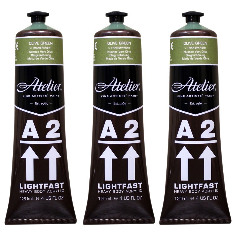 Atelier A2 Heavy Body Lightfast Artist Acrylic, 4 oz., Olive Green Hue, Pack of 3