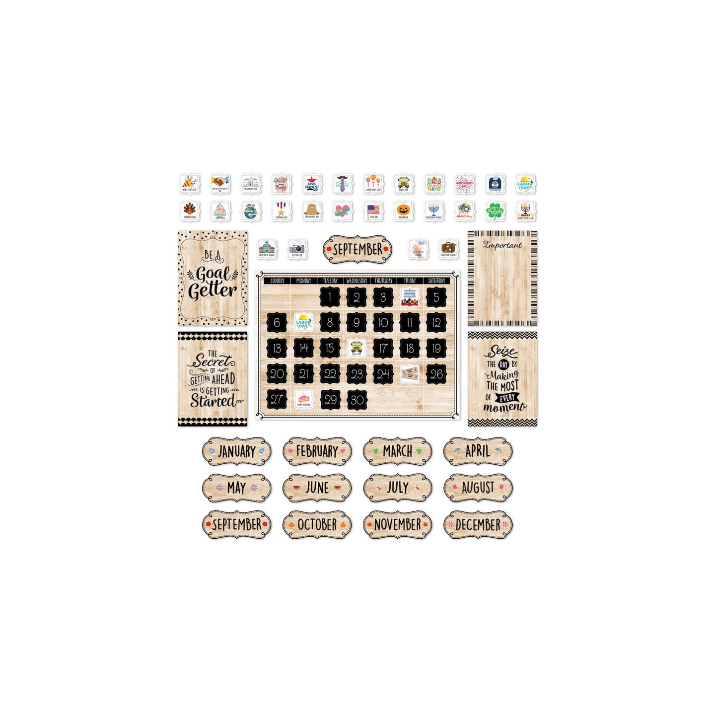 Creative Teaching Press® Black, White, and Wood Calendar Set Bulletin Board Set, 87 Pieces