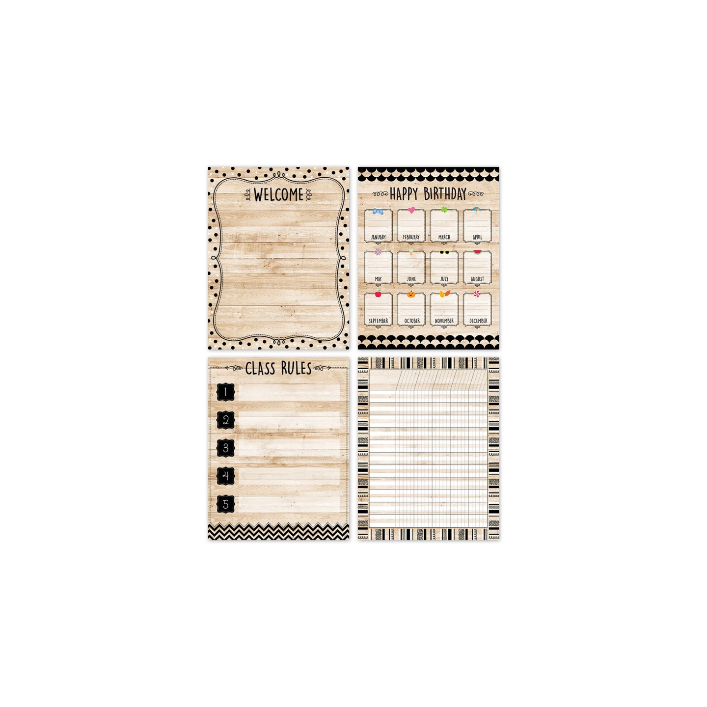 Creative Teaching Press® Core Decor Black, White, and Wood Classroom Essentials 4-Chart Pack