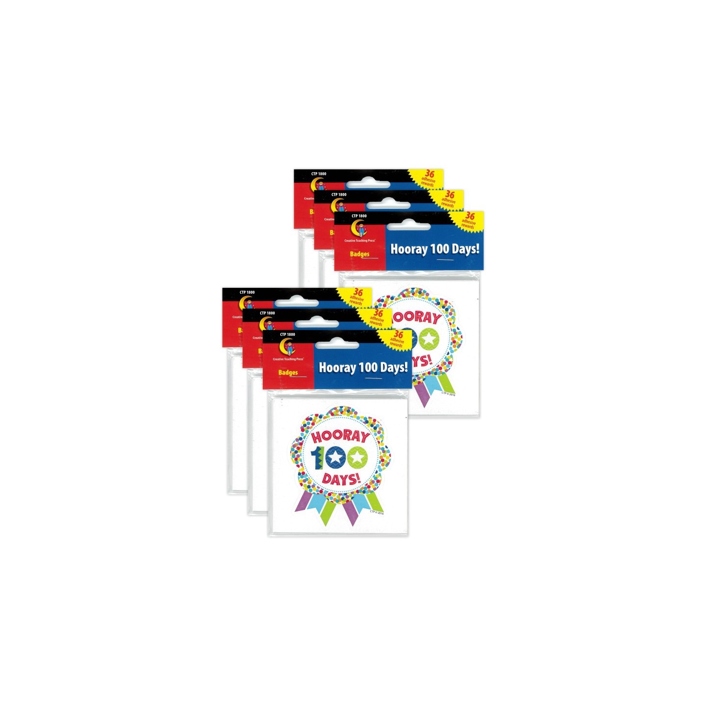 Creative Teaching Press® Hooray 100 Days! Ribbon Reward Badge, 36 Per Pack, 6 Packs