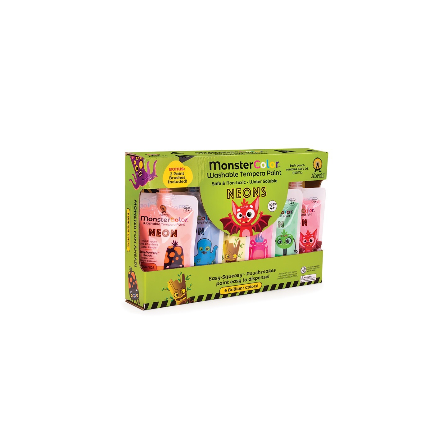 Abroli MonsterColor Washable Tempera Paint, 5 oz., Neon, 6-Pack