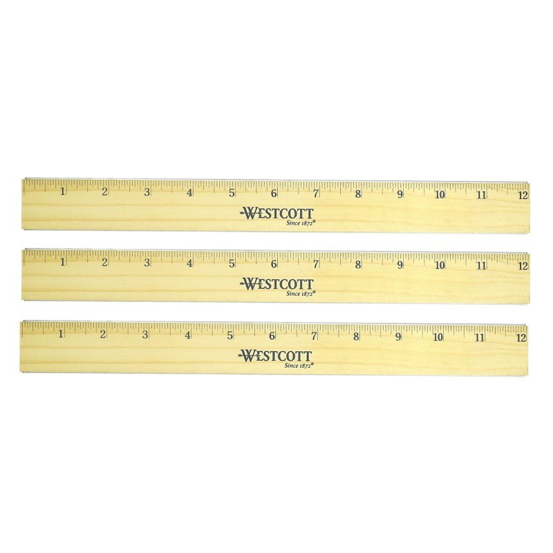 Westcott® Flat Wood Ruler With Two Double Brass Edges, Standard/Metric, 12 in, Clear Lacquer Finish, Set of 3