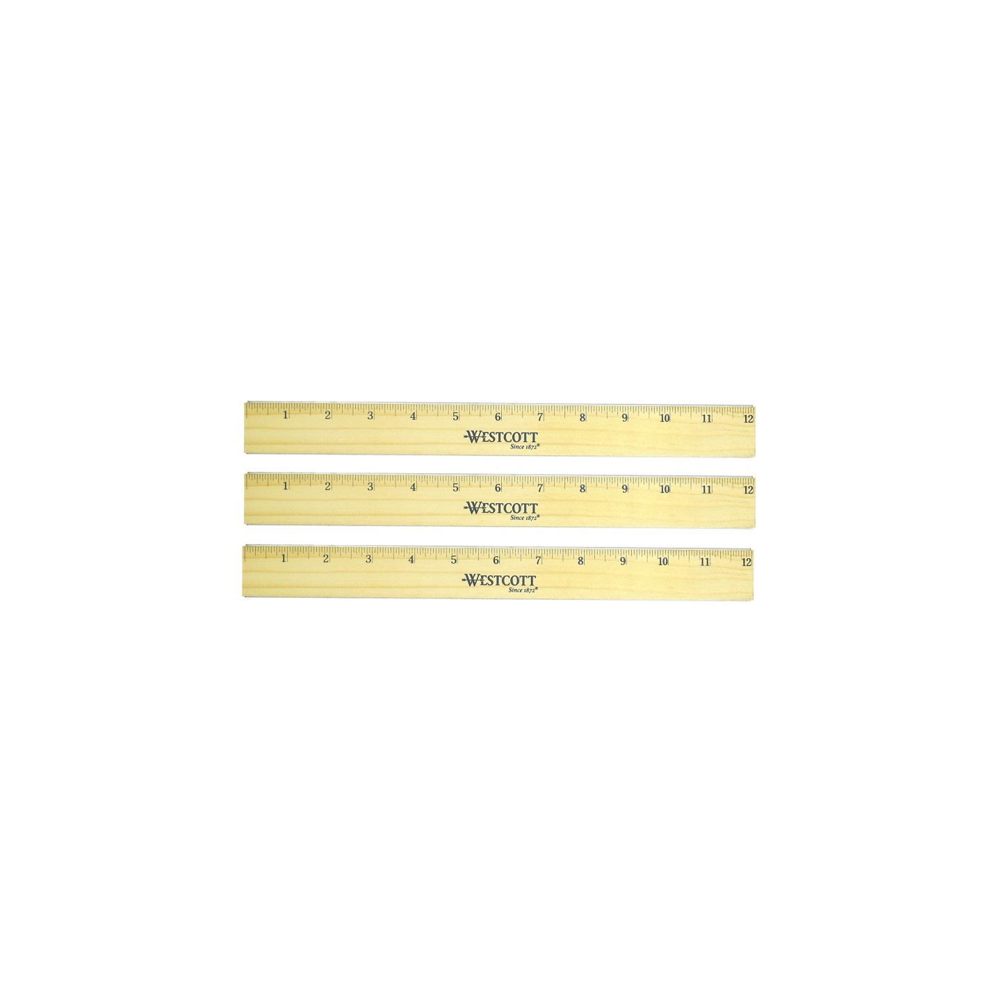 Westcott® Flat Wood Ruler With Two Double Brass Edges, Standard/Metric, 12 in, Clear Lacquer Finish, Set of 3
