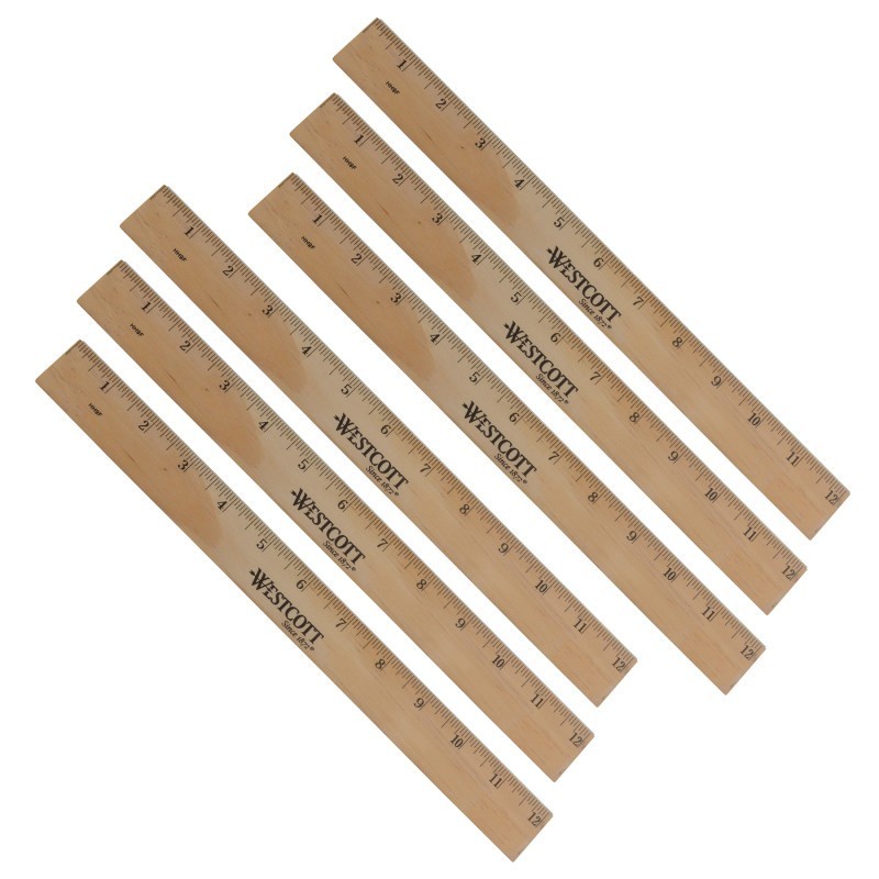 Westcott® Wood Ruler, Metric and 1/16 in Scale With Single Metal Edge, 12 in Long, Set of 6