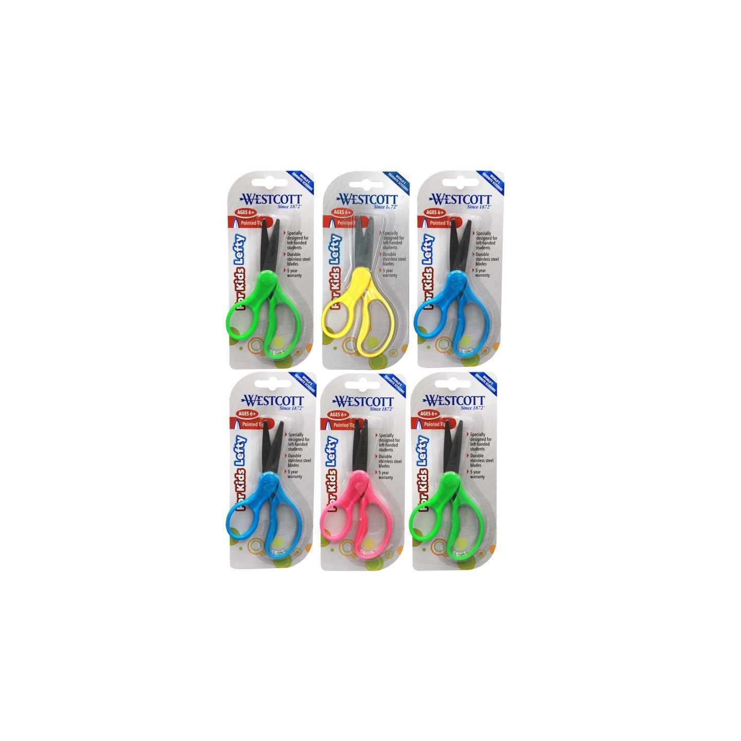 Westcott® 5" Lefty Hard Handle Kids Scissors, Pointed, Assorted Colors, Pack of 6