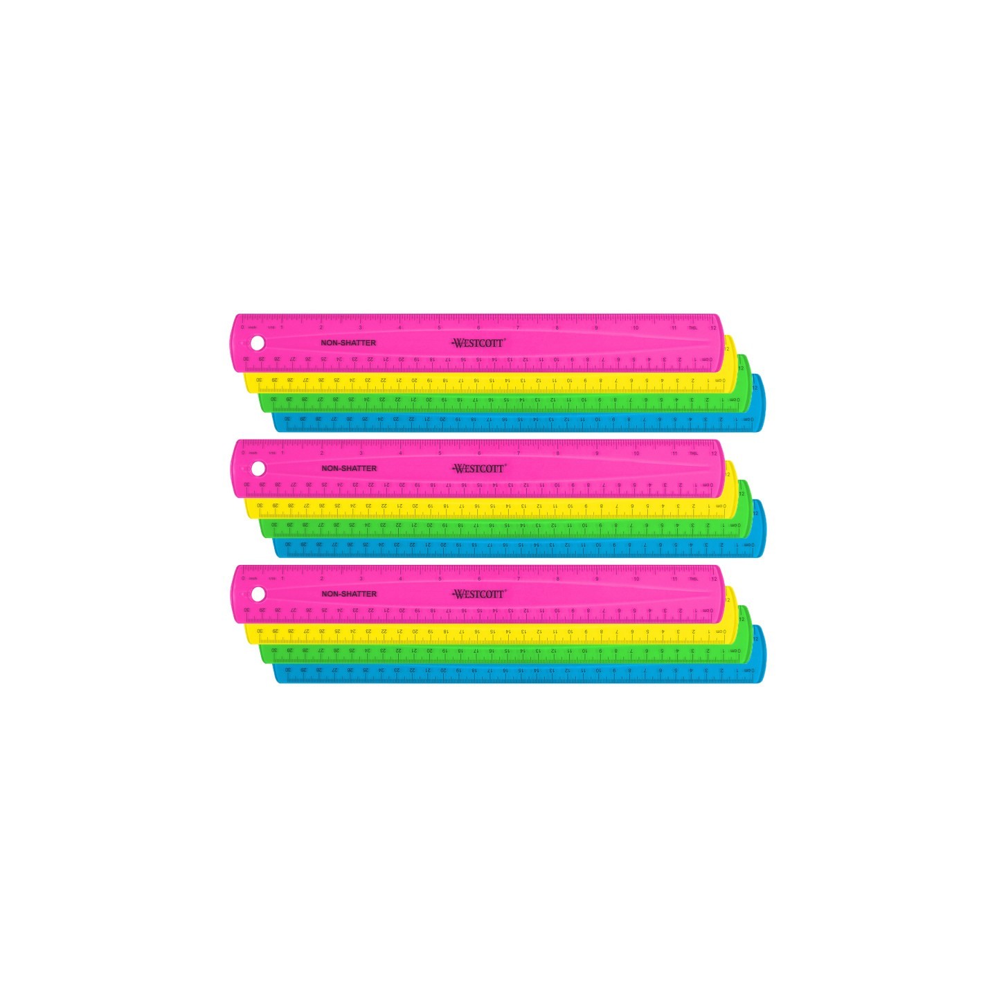 Westcott® 12" Shatterproof Ruler with Anti-Microbial, Assorted Translucent Colors, Pack of 12